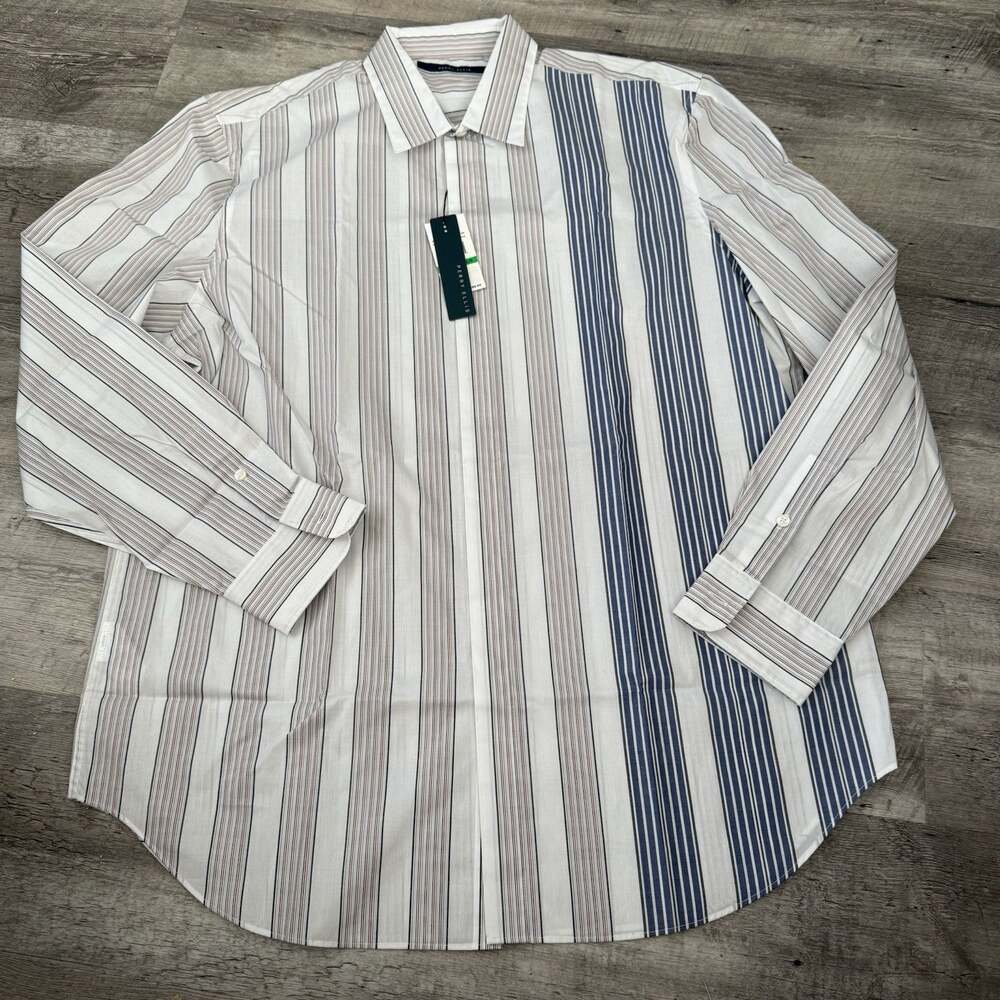 Perry Ellis Shirt Mens Large Blue Vertical Striped Long Sleeve 100% Cotton NEW